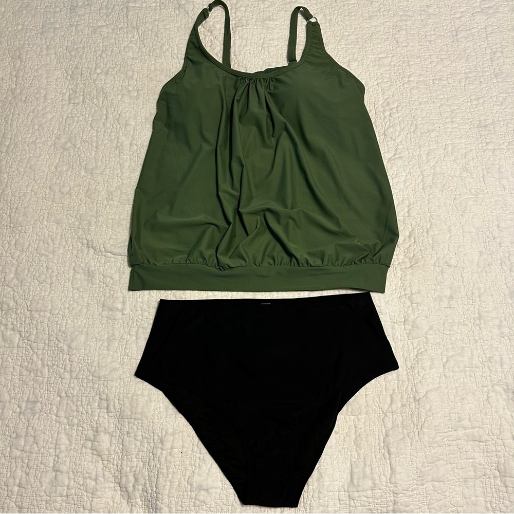 Olive Green Tankini Top and Black Briefs Women's Swim Set